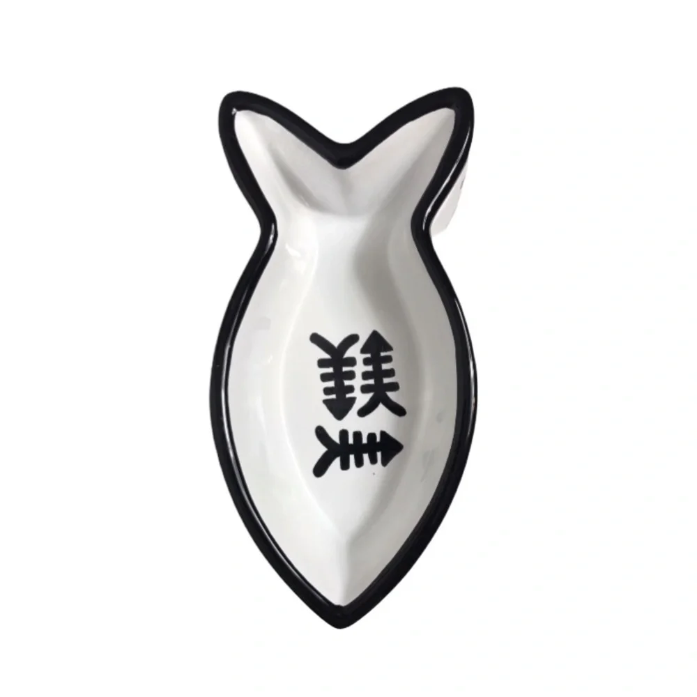 Black & White Ceramic Fish Shaped Cat Bowl